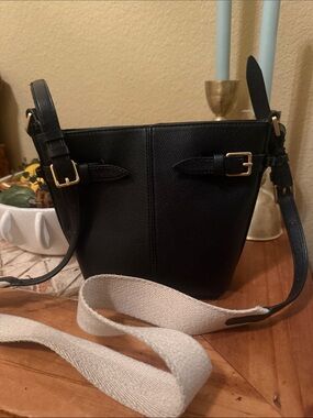 Zara Black Leather Bucket Crossbody Bag with Canvas Strap